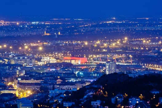 Evening skyline of Budapest with Sas Hill and south Pest, Hungary