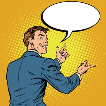 Businessman showing hand size, pop art retro vector illustration