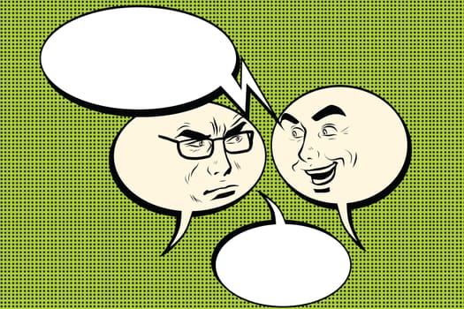 Two men joyful and angry. Comic bubble smiley face, pop art retro vector illustration. Human emotions