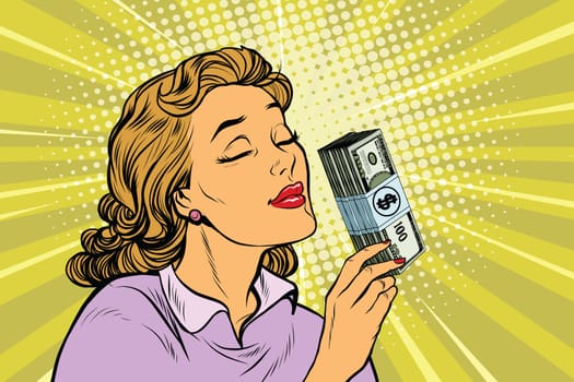 businesswoman smelling the scent of money, pop art retro vector illustration. Finance and business