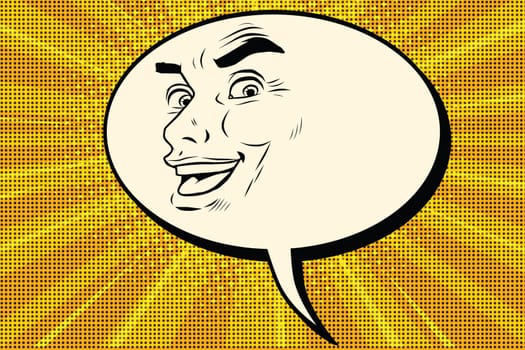 Comic bubble smiley joyous male face, pop art retro vector illustration. Human emotions