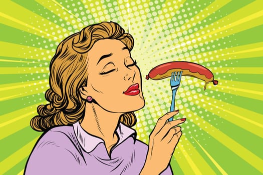 Young woman with tasty sausage, pop art retro vector illustration. Street fast food lunch
