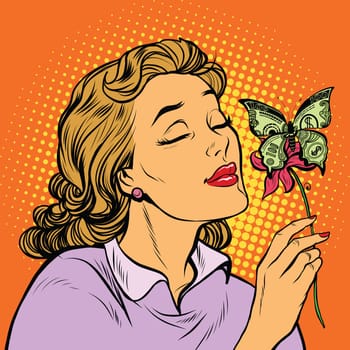 Woman and butterfly money, pop art retro vector illustration. Business and Finance. A great charity