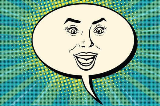 Comic bubble smiley joyful female face, pop art retro vector illustration. Human emotions