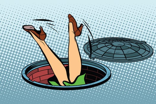 Retro woman fell into a manhole of the city sewer, pop art vector illustration. Pedestrian safety, industrial theme