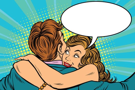 Young woman hugs the man and whispers to him, pop art retro vector illustration
