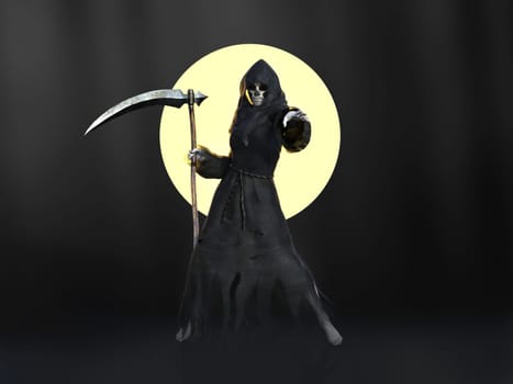 Female reaper or witch dressed in a black cloak, casting a spell in front of a full moon, 3D rendering. Dark background.