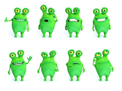 Collection of charming green monsters in different moods and poses, 3D rendering. White background.