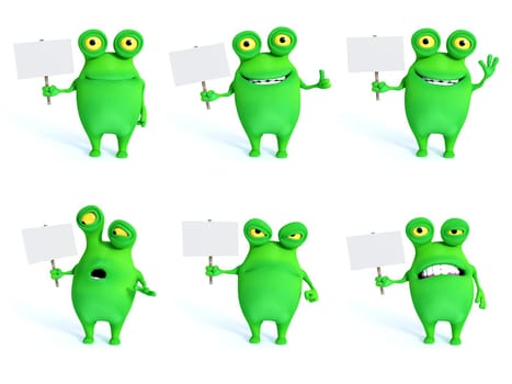Collection of charming green monsters in different moods and poses holding blank signs, 3D rendering. White background.