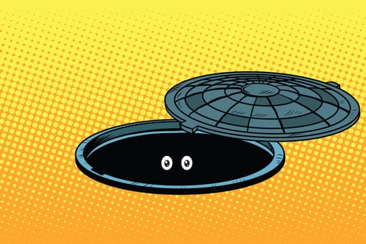 Funny monster in the underground city sewer, pop art retro vector illustration. Eyes in the dark
