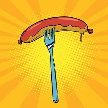 Grilled sausage on a fork, pop art retro vector illustration
