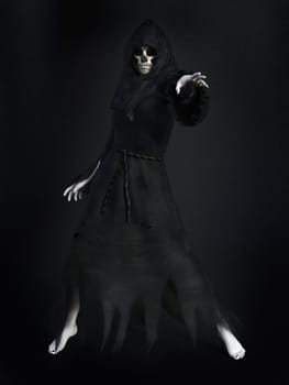 Female reaper or witch dressed in a black cloak, casting a spell, 3D rendering. Dark background.