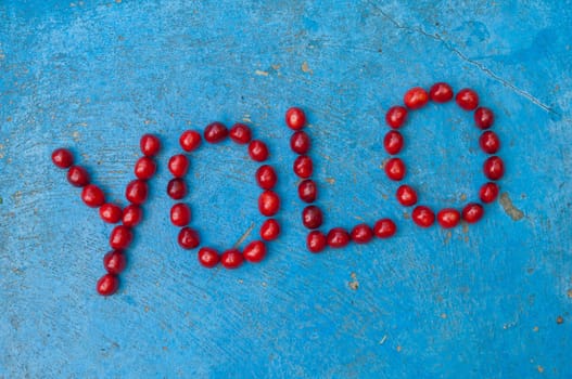 Cherries arranged to form the word YOLO on textured blue background
