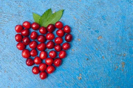 Heart shaped cherries on blue background, cherry heart, isolated