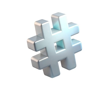 A sleek, modern 3D holographic icon of a hashtag symbol with a soft, shiny finish, isolated on white background. This minimalist design is perfect for social media, communication, and digital trends.