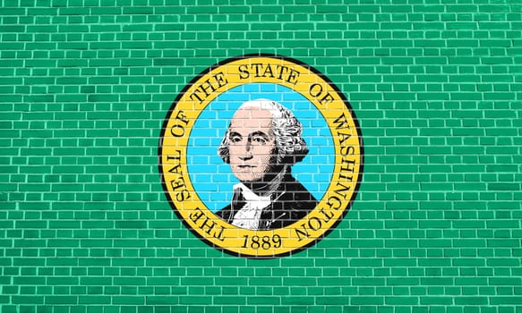 Washingtonian official flag, symbol. American patriotic element. USA banner. United States of America background. Flag of the US state of Washington on brick wall texture background