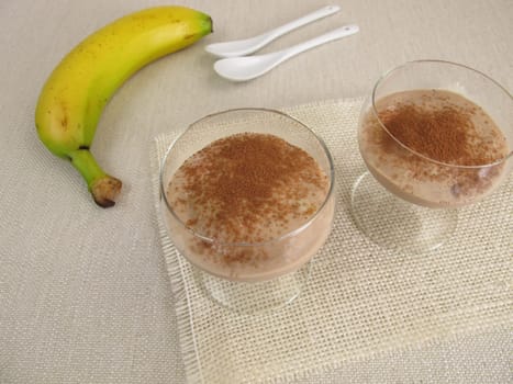 Homemade chocolate ice cream dessert with frozen bananas and cocoa