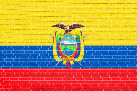 Ecuadorian national official flag. Patriotic symbol, banner, element, background. Accurate dimensions. Correct size, colors. Flag of Ecuador on brick wall texture background