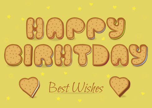 Happy birthday. Best wishes. Cookies artistic font. Two cookies hearts. Yellow background with stars and hearts. illustration