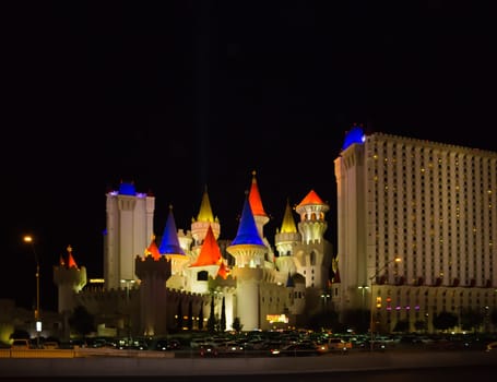 Las Vegas, United States of America - May 05 2016: The Excalibur Hotel and Casino in Las Vegas on May 05 2016 at night. The Hotel was named after King Arthur&#39 s sword and opened in 1990