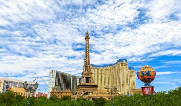 Las Vegas, United States of America - May 05, 2016: Replica Eiffel Tower in Las Vegas with clear blue sky on The Strip, the world famous Las Vegas Boulevard South