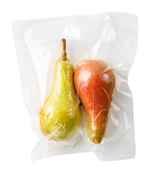 Vacuum sealed fresh pears for sous vide cooking cutout on white