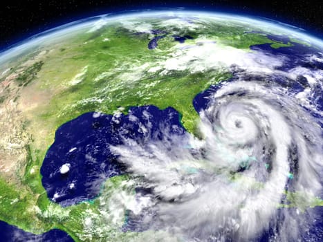 Satellite view of disastrous hurricane Matthew approaching Florida in America. 3D illustration. Elements of this image furnished by NASA