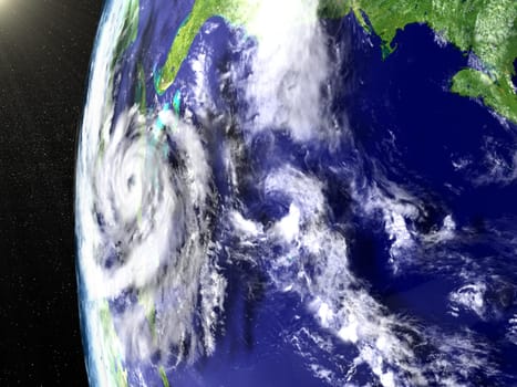 Space view of huge hurricane in Caribbean heading towards Florida in America. 3D illustration. Elements of this image furnished by NASA