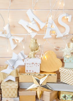 Small gifts for Christmas on rustic wood