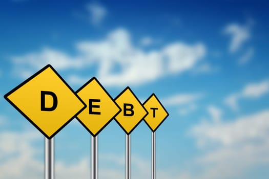 debt on yellow road sign with blurred sky background