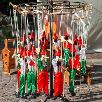 Traditional Italian toys..Wooden pinocchio puppet as a souvenir of Italy