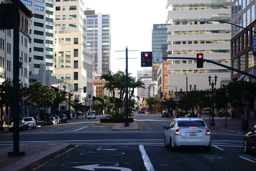 San Diego,United States – December 25,2015: Road traffic in downtown San Diego at the NBC skyscraper on December 25,2015 in San Diego.