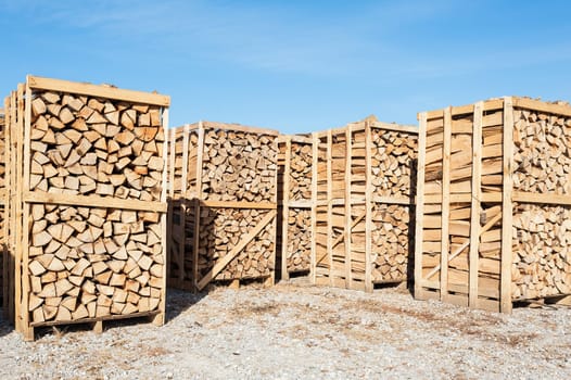 Chipped fire wood in packing on pallets