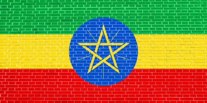 Ethiopian national official flag. African patriotic symbol, banner, element, background. Flag of Ethiopia on brick wall texture background