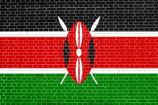Kenyan national official flag. African patriotic symbol, banner, element, background. Flag of Kenya on brick wall texture background