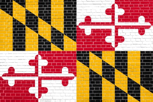Maryland official flag, symbol. American patriotic element. USA banner. United States of America background. Flag of the US state of Maryland on brick wall texture background
