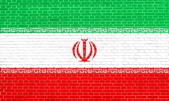 Iranian national official flag. Islamic Republic of Iran patriotic symbol, banner, element, background. Flag of Iran on brick wall texture background