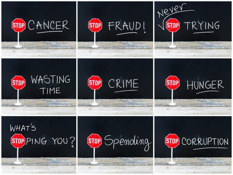 Photo collage of STOP messages written on chalkboard. Mini STOP sign over chalkboard background and table, concept images