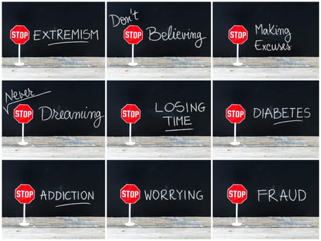 Photo collage of STOP messages written on chalkboard. Mini STOP sign over chalkboard background and table, concept images
