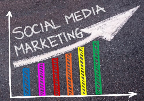 SOCIAL MEDIA MARKETING written with chalk on tarmac over colorful graph and rising arrow, business marketing and creativity concept