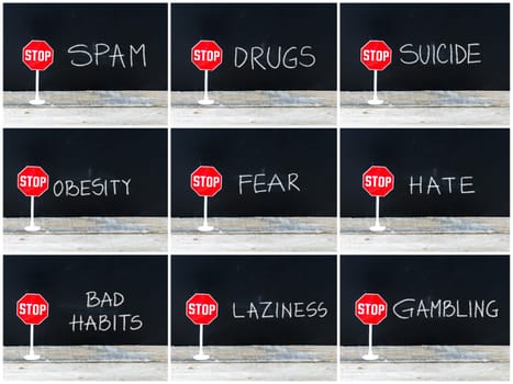Photo collage of STOP messages written on chalkboard. Mini STOP sign over chalkboard background and table, concept images