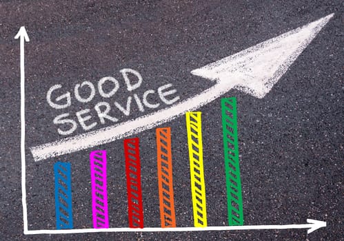 Good Service written with chalk on tarmac over colorful graph and rising arrow, business marketing and creativity concept