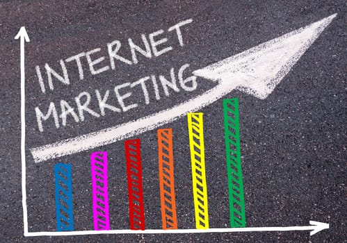 INTERNET MARKETING written with chalk on tarmac over colorful graph and rising arrow, business marketing and creativity concept