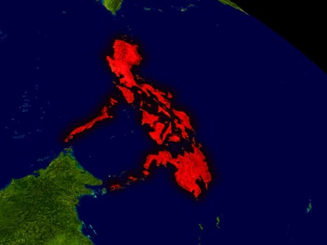Philippines from space in red. 3D illustration with highly detailed realistic planet surface. Elements of this image furnished by NASA.