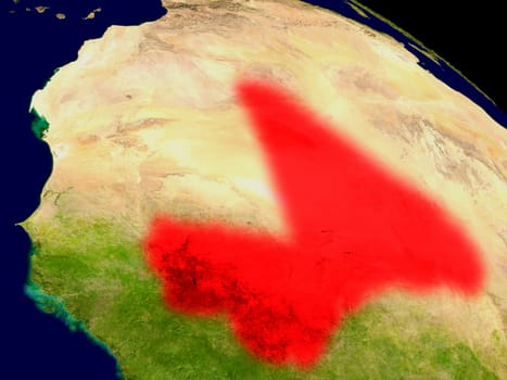 Mali from space in red. 3D illustration with highly detailed realistic planet surface. Elements of this image furnished by NASA.