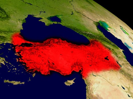 Turkey from space in red. 3D illustration with highly detailed realistic planet surface. Elements of this image furnished by NASA.