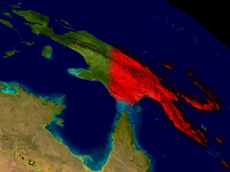 Papua New Guinea from space in red. 3D illustration with highly detailed realistic planet surface. Elements of this image furnished by NASA.