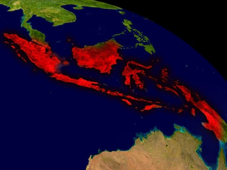 Indonesia from space in red. 3D illustration with highly detailed realistic planet surface. Elements of this image furnished by NASA.