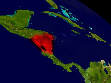 Nicaragua from space in red. 3D illustration with highly detailed realistic planet surface. Elements of this image furnished by NASA.