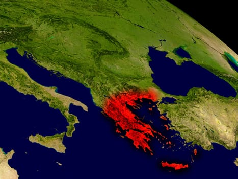 Greece from space in red. 3D illustration with highly detailed realistic planet surface. Elements of this image furnished by NASA.